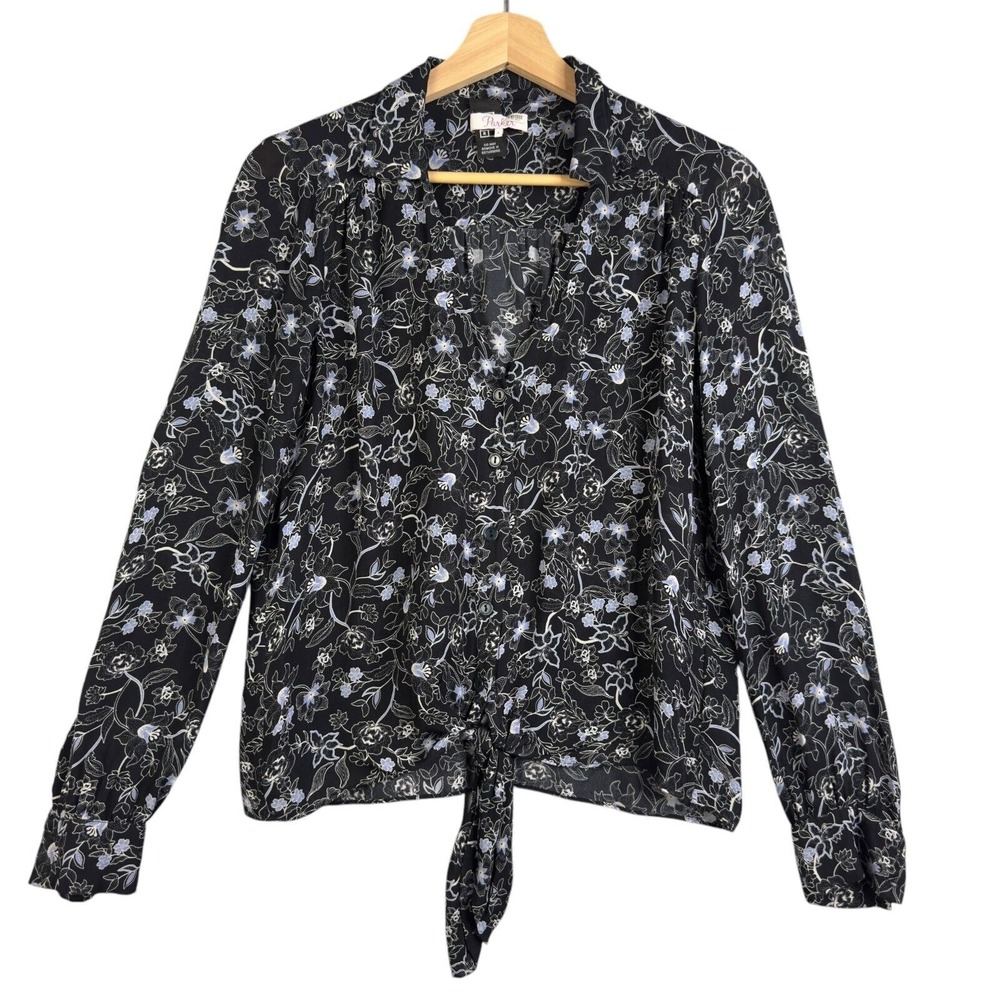 Parker Black Floral Blouse shirt Size Small Button Up tie Bottom‎ Silk Blend